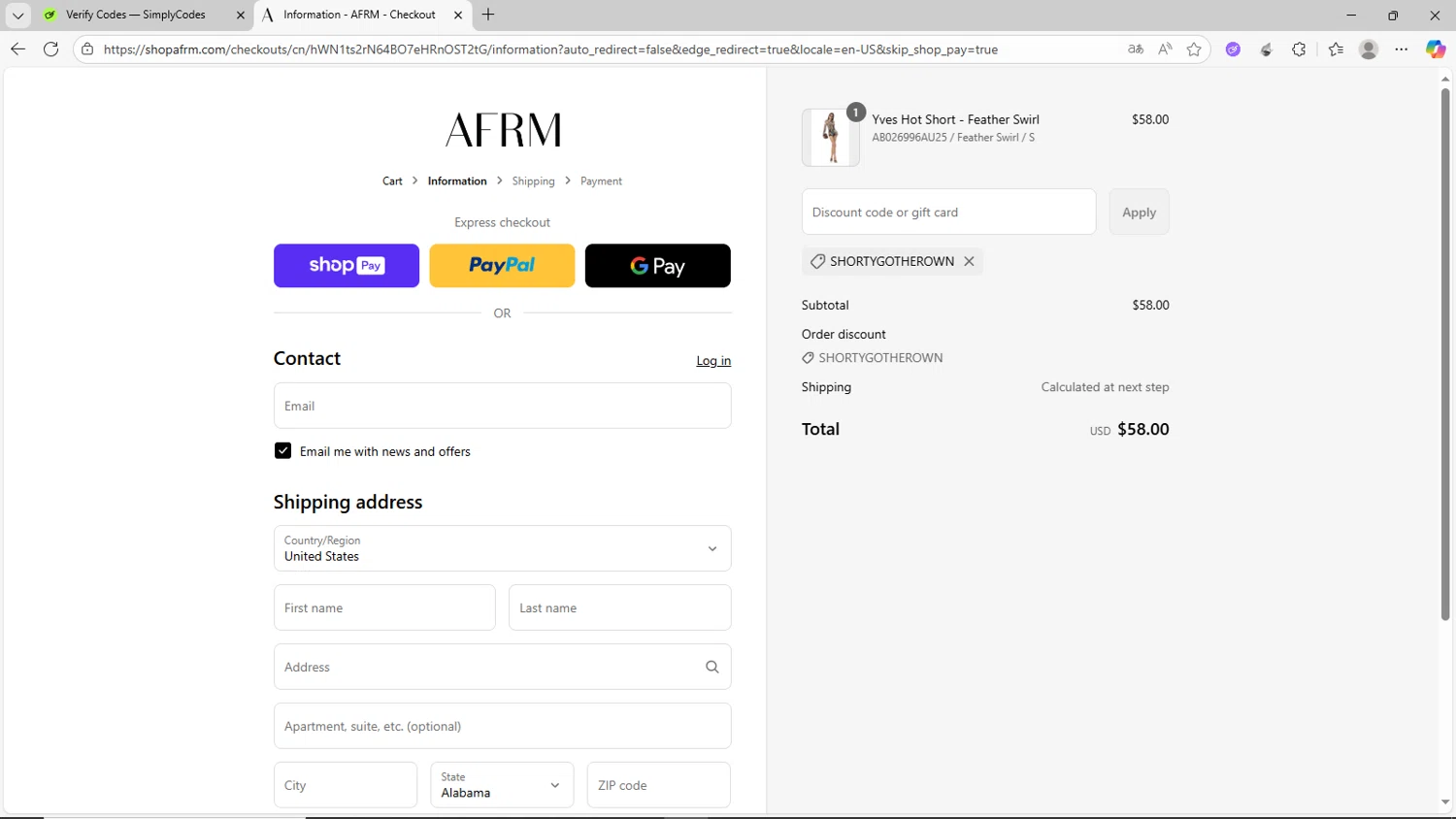 AFRM discount code screenshot showing code Shortygotherown applied at AFRM checkout page. Uploaded by SimplyCodes community member CrownShopper2899 on Aug 17, 2025
