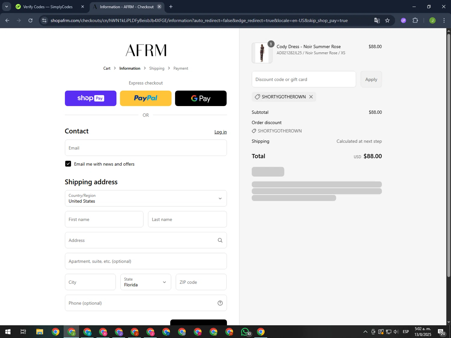 AFRM discount code screenshot showing code Shortygotherown applied at AFRM checkout page. Uploaded by SimplyCodes community member MightyFinder1041 on Aug 13, 2025
