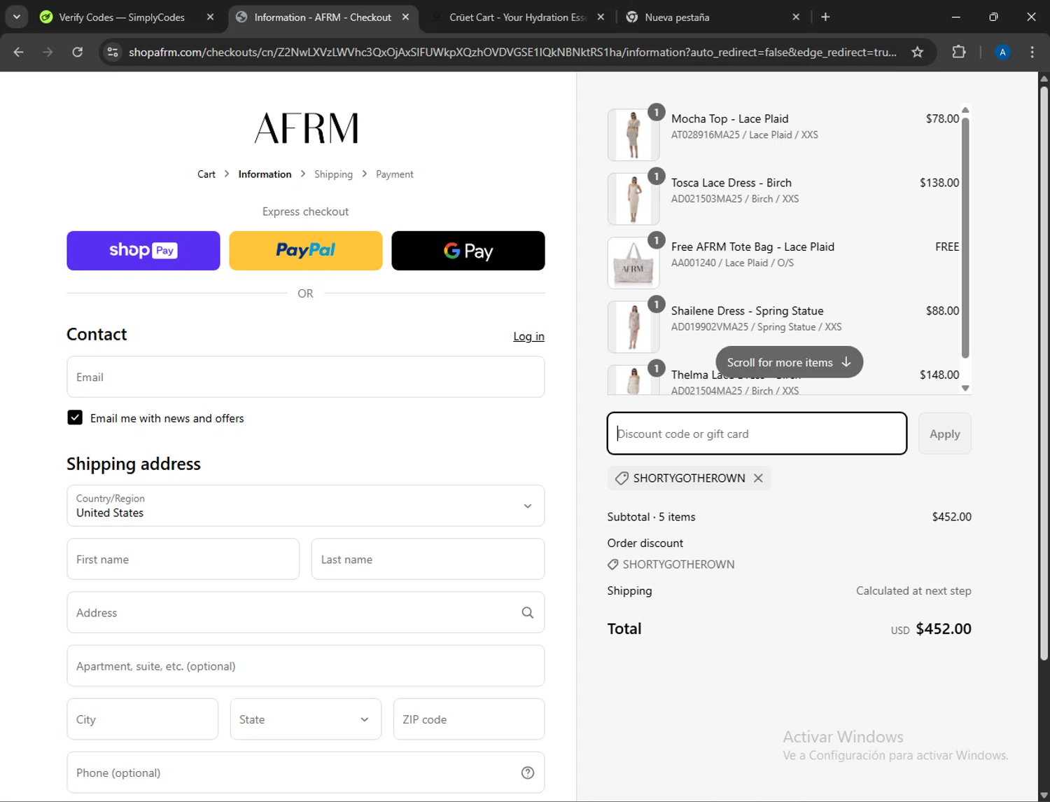 AFRM discount code screenshot showing code Shortygotherown applied at AFRM checkout page. Uploaded by SimplyCodes community member ThriftyEagle2472 on Apr 2, 2025