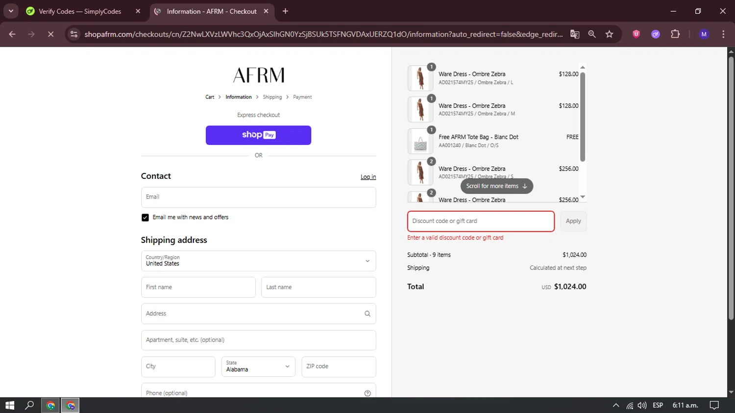AFRM discount code screenshot showing code 50OFF applied at AFRM checkout page. Uploaded by SimplyCodes community member messsss on Jun 11, 2025