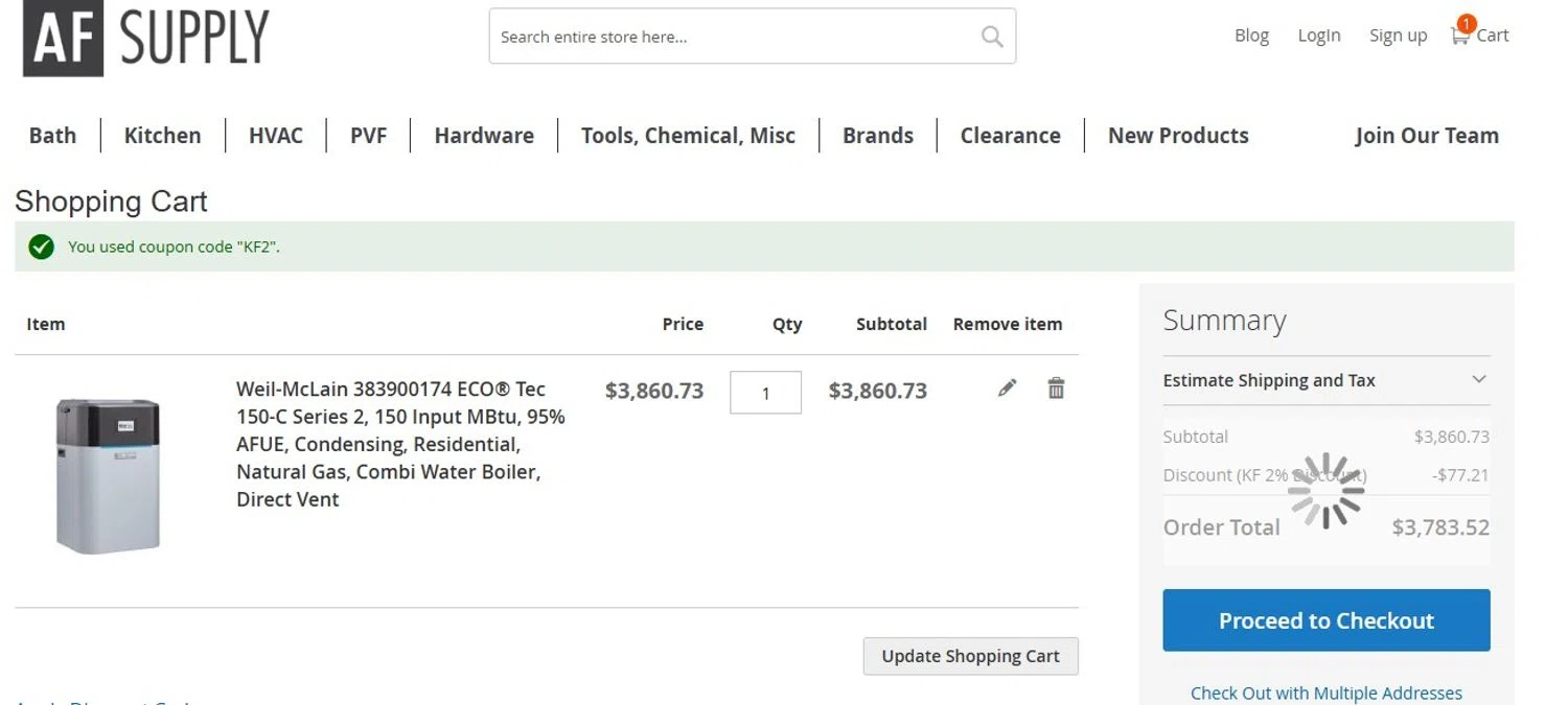 AF Supply discount code screenshot showing code KF2 applied at AF Supply checkout page. Uploaded by SimplyCodes community member Quemiras on Jun 28, 2025