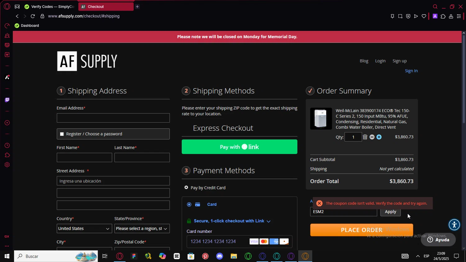 AF Supply discount code screenshot showing code ESM2 applied at AF Supply checkout page. Uploaded by SimplyCodes community member FortunateHawk6980 on May 25, 2025