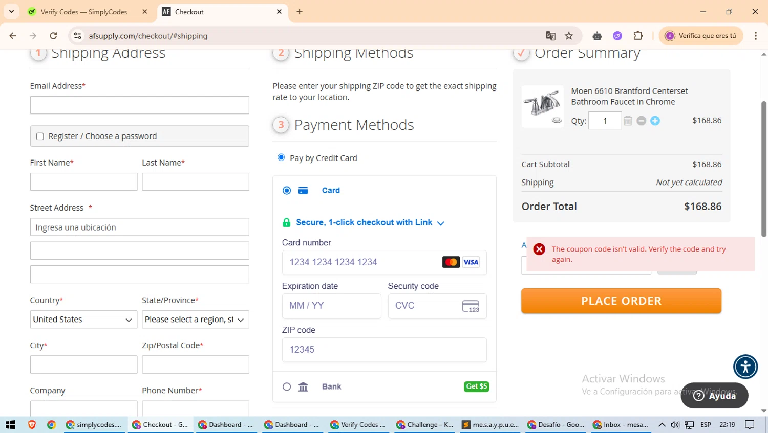 AF Supply discount code screenshot showing code ESM2 applied at AF Supply checkout page. Uploaded by SimplyCodes community member ScanExpert2824 on May 25, 2025