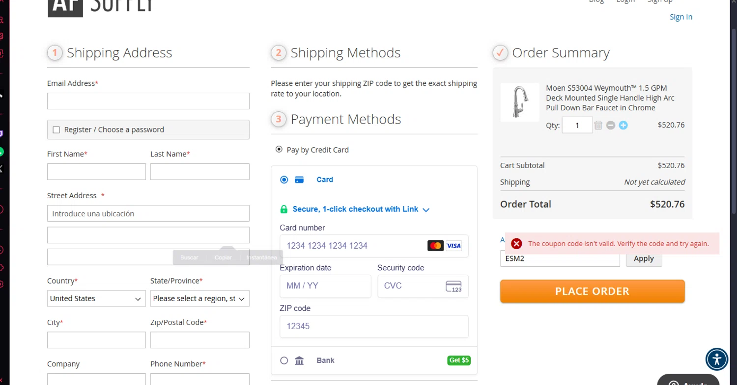 AF Supply discount code screenshot showing code ESM2 applied at AF Supply checkout page. Uploaded by SimplyCodes community member THEBANANA on May 25, 2025