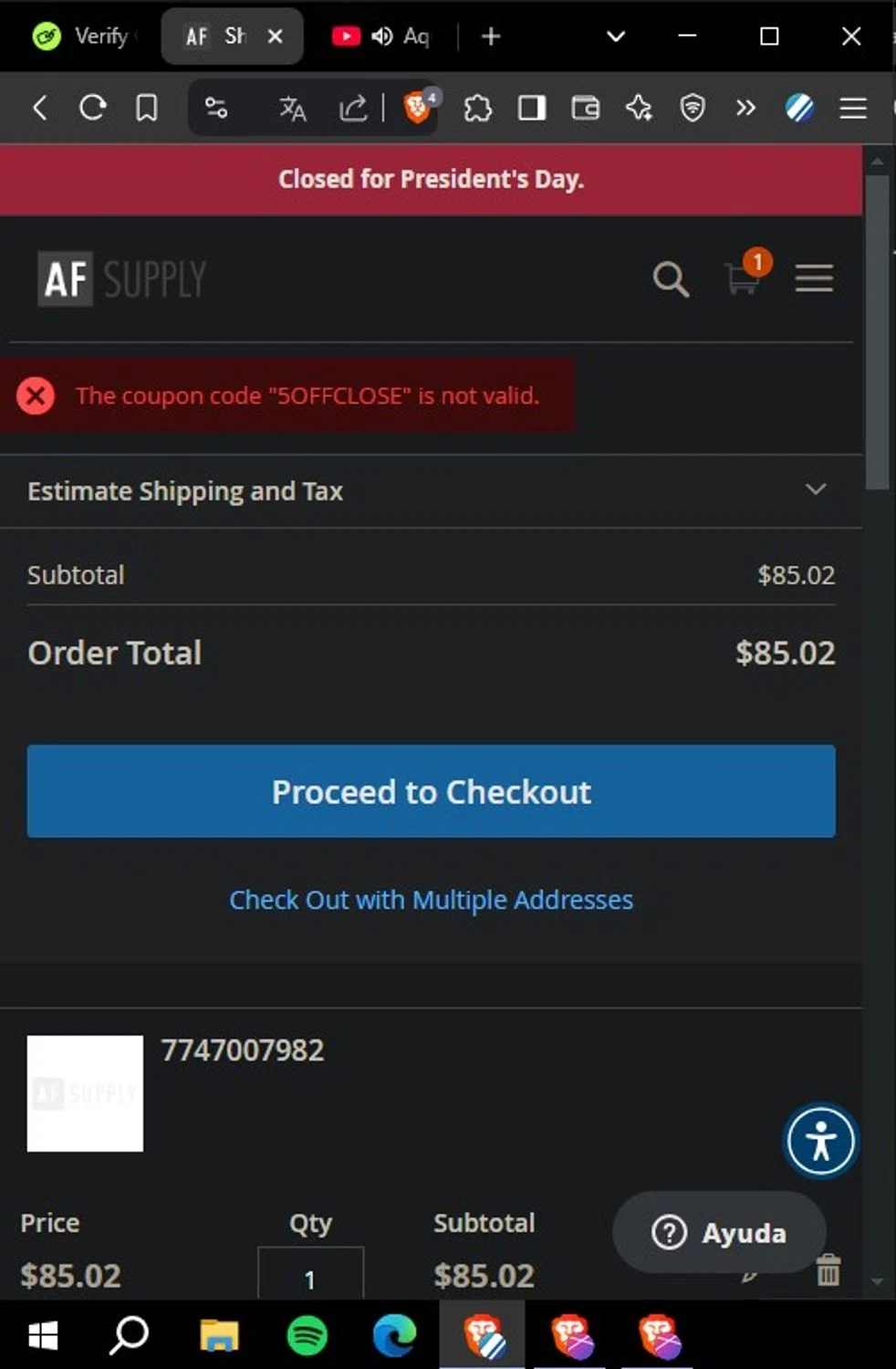 AF Supply discount code screenshot showing code 5OFFCLOSE applied at AF Supply checkout page. Uploaded by SimplyCodes community member Yoseff on Feb 14, 2025