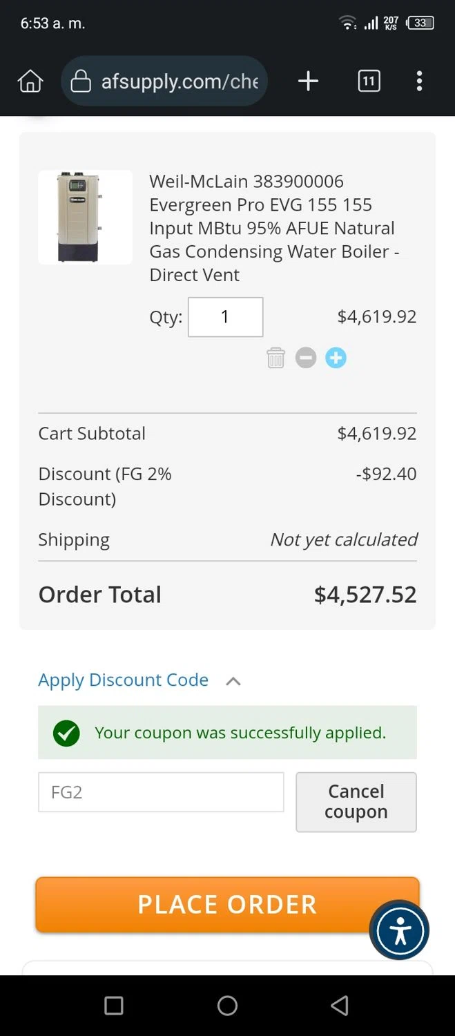 AF Supply discount code screenshot showing code FG2 applied at AF Supply checkout page. Uploaded by SimplyCodes community member AnthonyGuapeton94 on Oct 15, 2025