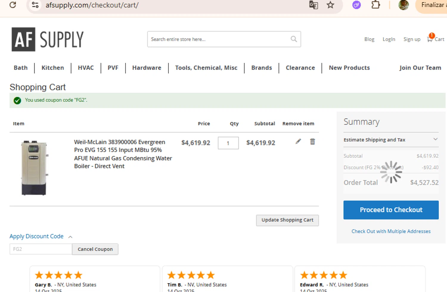 AF Supply discount code screenshot showing code FG2 applied at AF Supply checkout page. Uploaded by SimplyCodes community member BudgetLion5814 on Oct 15, 2025