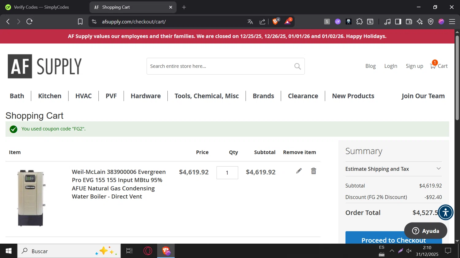 AF Supply checkout page showing AF Supply discount code box | Screenshot taken by SimplyCodes community member on Dec 31, 2025
