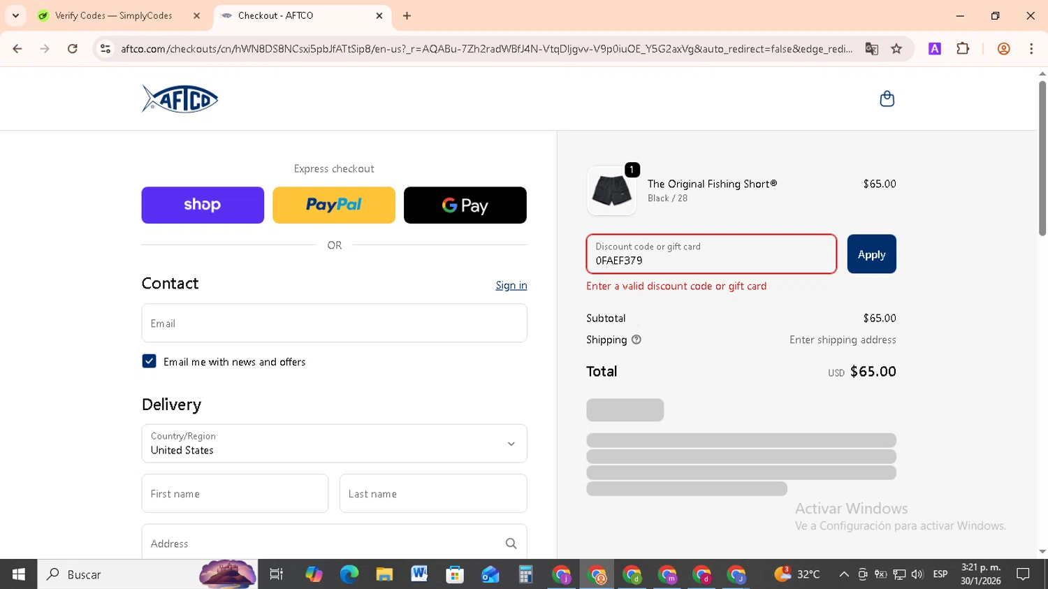AFTCO promo code screenshot showing code 0FAEF379 applied at AFTCO checkout page. Uploaded by SimplyCodes community member RebateCollector5909 on Jan 30, 2026