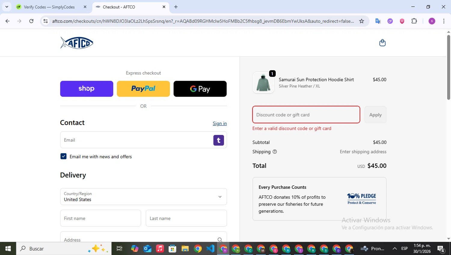 AFTCO promo code screenshot showing code 0FAEF379 applied at AFTCO checkout page. Uploaded by SimplyCodes community member WonderPioneer5062 on Jan 30, 2026