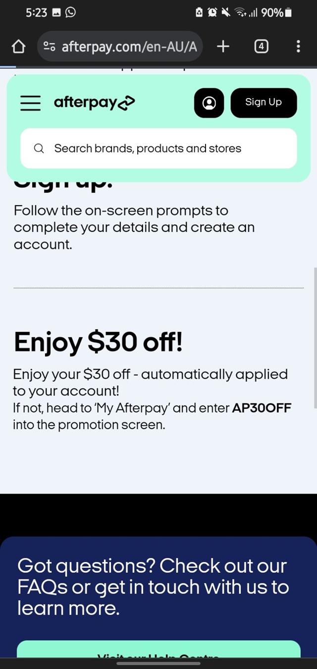 Afterpay checkout page showing Afterpay promo code box | Screenshot taken by SimplyCodes community member on Nov 29, 2023