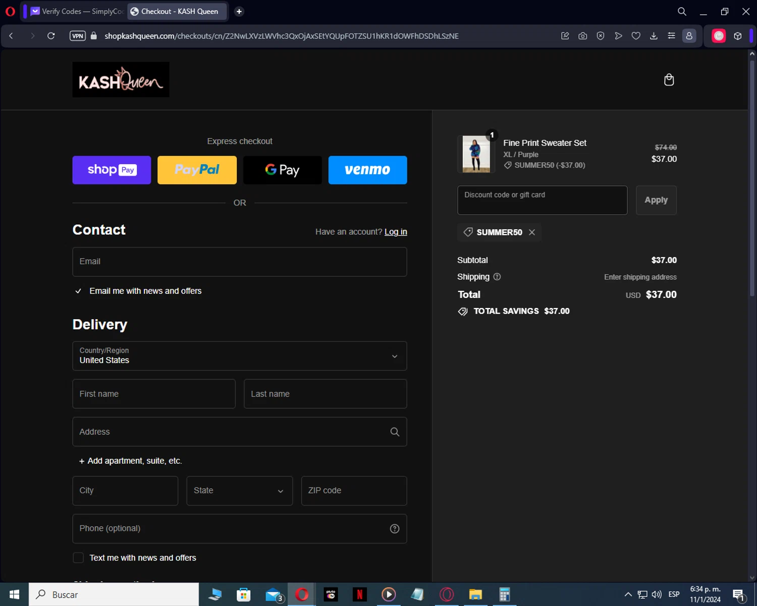 Afterpay checkout page showing Afterpay promo code box | Screenshot taken by SimplyCodes community member on Jan 11, 2024