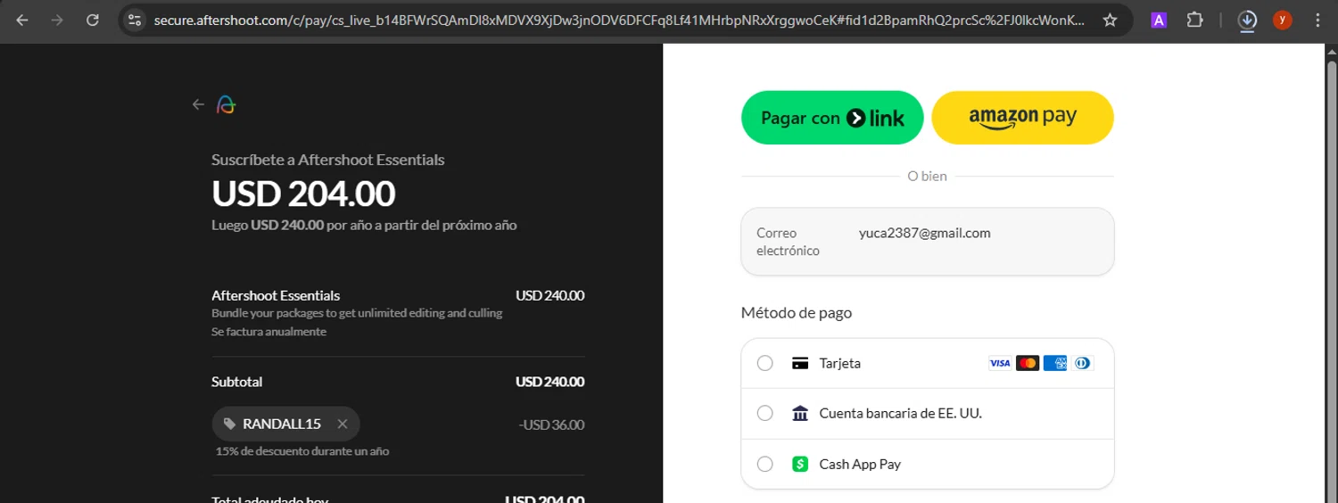 Aftershoot promo code screenshot showing code RANDALL15 applied at Aftershoot checkout page. Uploaded by SimplyCodes community member CrownTiger7501 on Oct 3, 2025