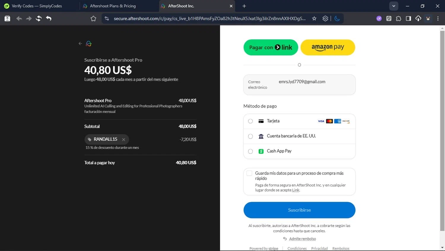 Aftershoot promo code screenshot showing code RANDALL15 applied at Aftershoot checkout page. Uploaded by SimplyCodes community member ValiantHunter5929 on Dec 4, 2025