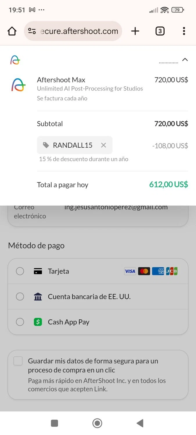 Aftershoot promo code screenshot showing code RANDALL15 applied at Aftershoot checkout page. Uploaded by SimplyCodes community member ShieldWhiz4659 on May 9, 2025