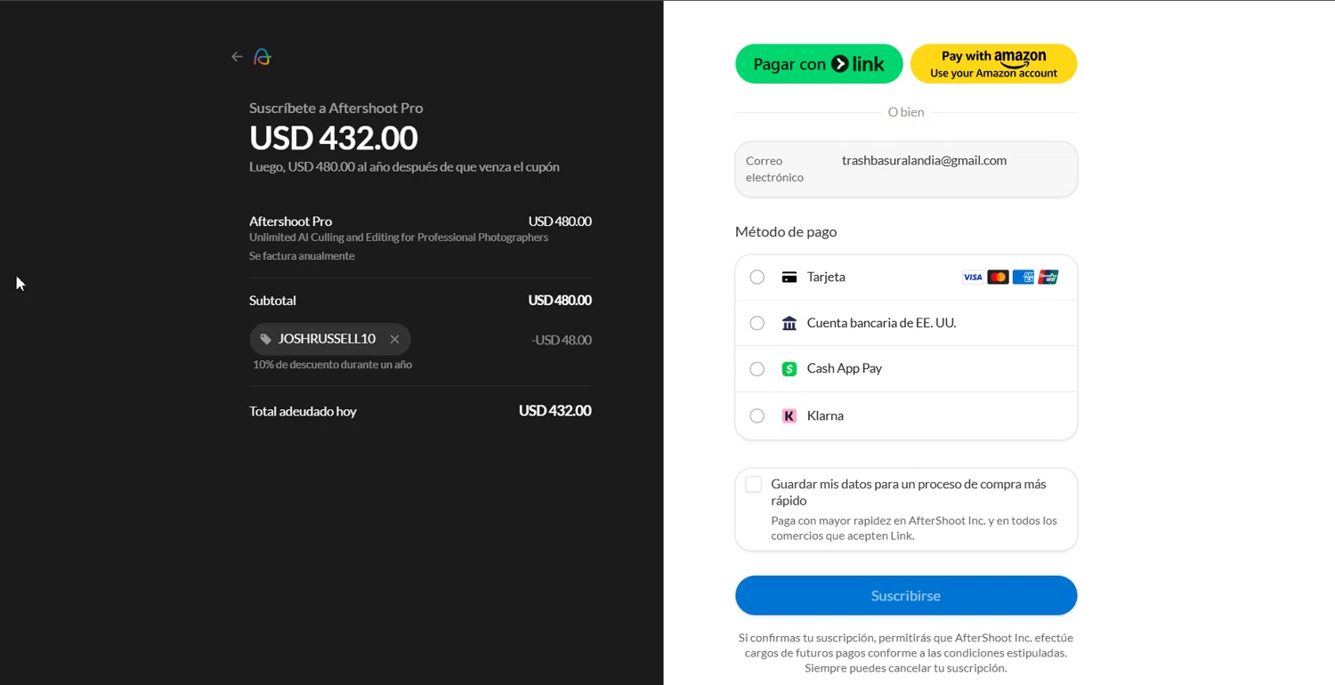 Aftershoot promo code screenshot showing code joshrussell10 applied at Aftershoot checkout page. Uploaded by SimplyCodes community member Lanzaa on Jun 25, 2025