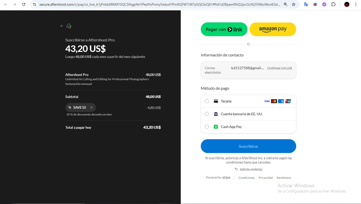 Aftershoot promo code screenshot showing code SAVE10 applied at Aftershoot checkout page. Uploaded by SimplyCodes community member Francisco01 on Jan 14, 2026