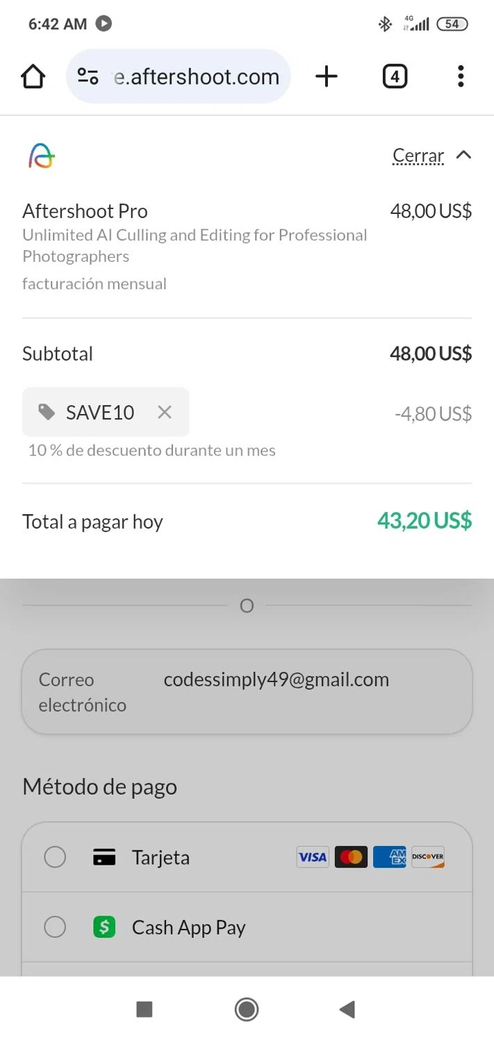 Aftershoot promo code screenshot showing code SAVE10 applied at Aftershoot checkout page. Uploaded by SimplyCodes community member usenameeeee on May 30, 2025