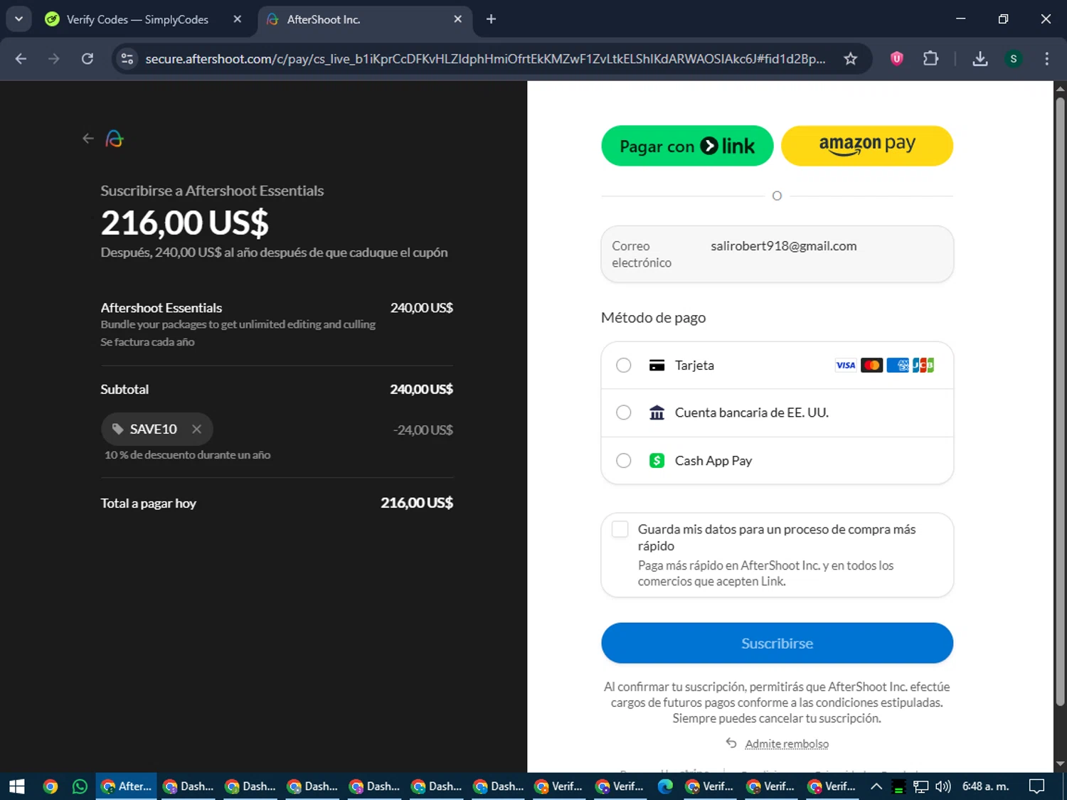 Aftershoot promo code screenshot showing code SAVE10 applied at Aftershoot checkout page. Uploaded by SimplyCodes community member lilMosey on Jun 28, 2025