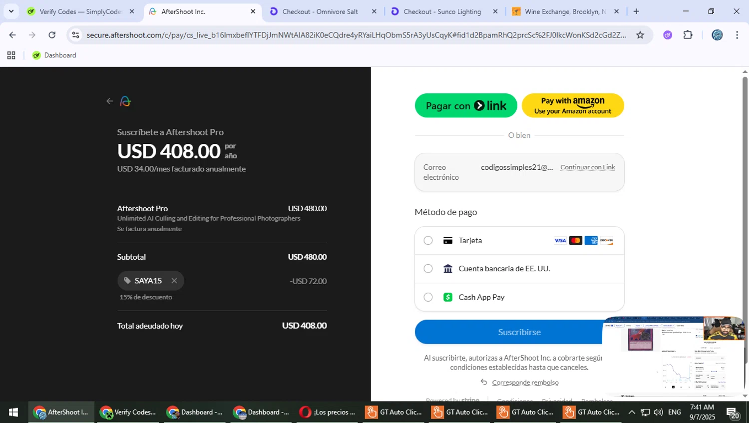 Aftershoot promo code screenshot showing code SAYA15 applied at Aftershoot checkout page. Uploaded by SimplyCodes community member Suicune on Sep 7, 2025