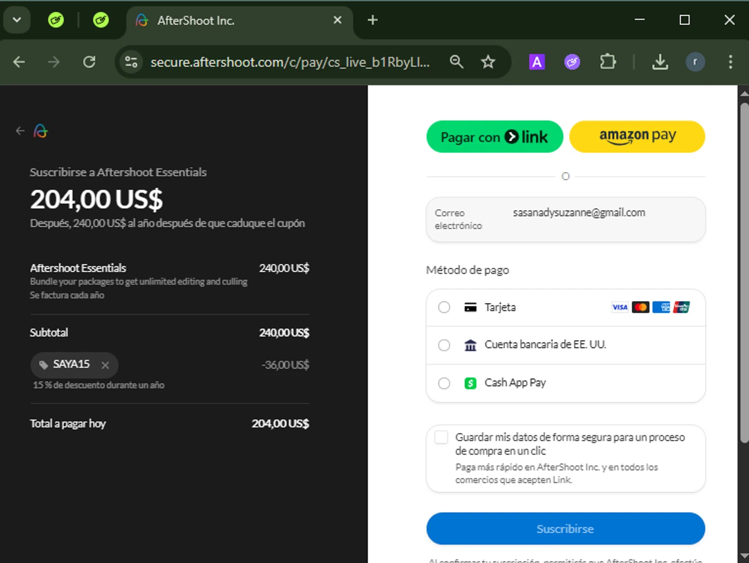Aftershoot promo code screenshot showing code SAYA15 applied at Aftershoot checkout page. Uploaded by SimplyCodes community member RamonAlexander on May 2, 2025