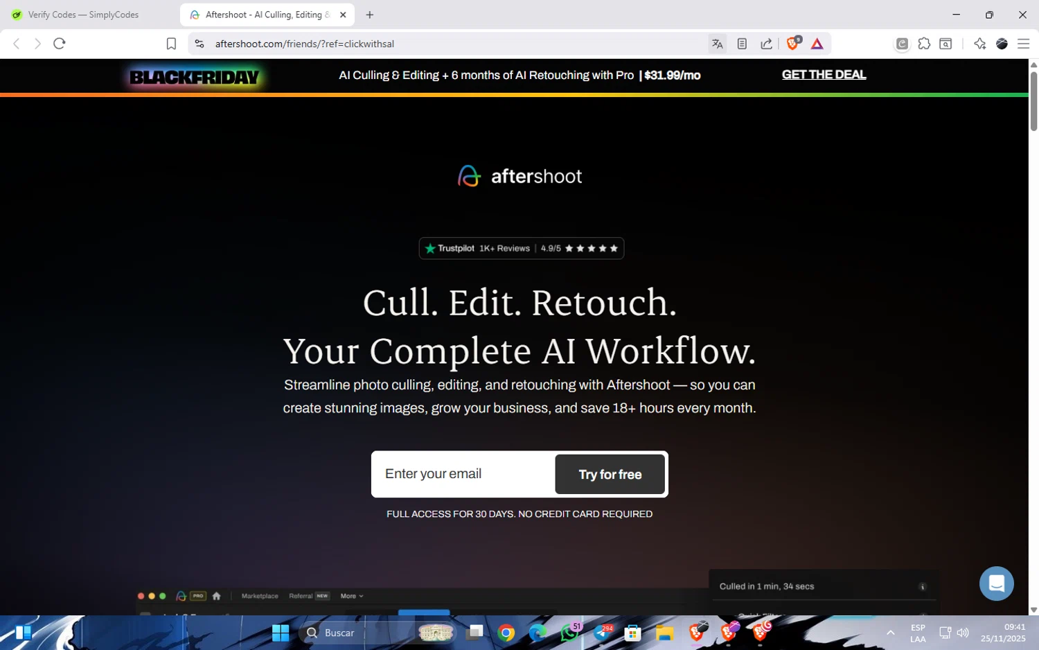 Aftershoot promo code screenshot showing code CLICKWITHSAL15 applied at Aftershoot checkout page. Uploaded by SimplyCodes community member JavierCastillo1301 on Nov 25, 2025