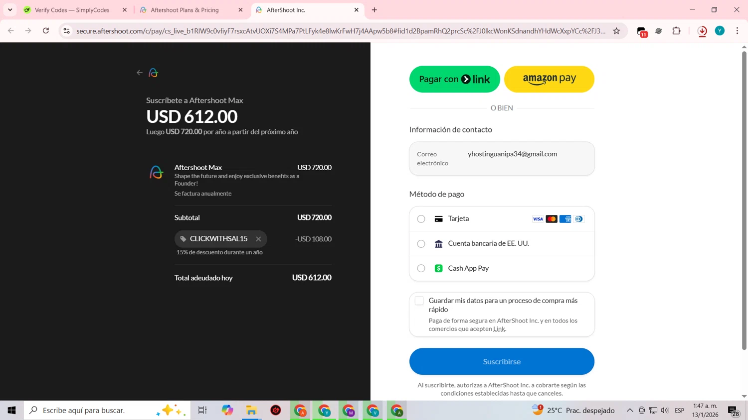 Aftershoot checkout page showing Aftershoot promo code box | Screenshot taken by SimplyCodes community member on Jan 13, 2026