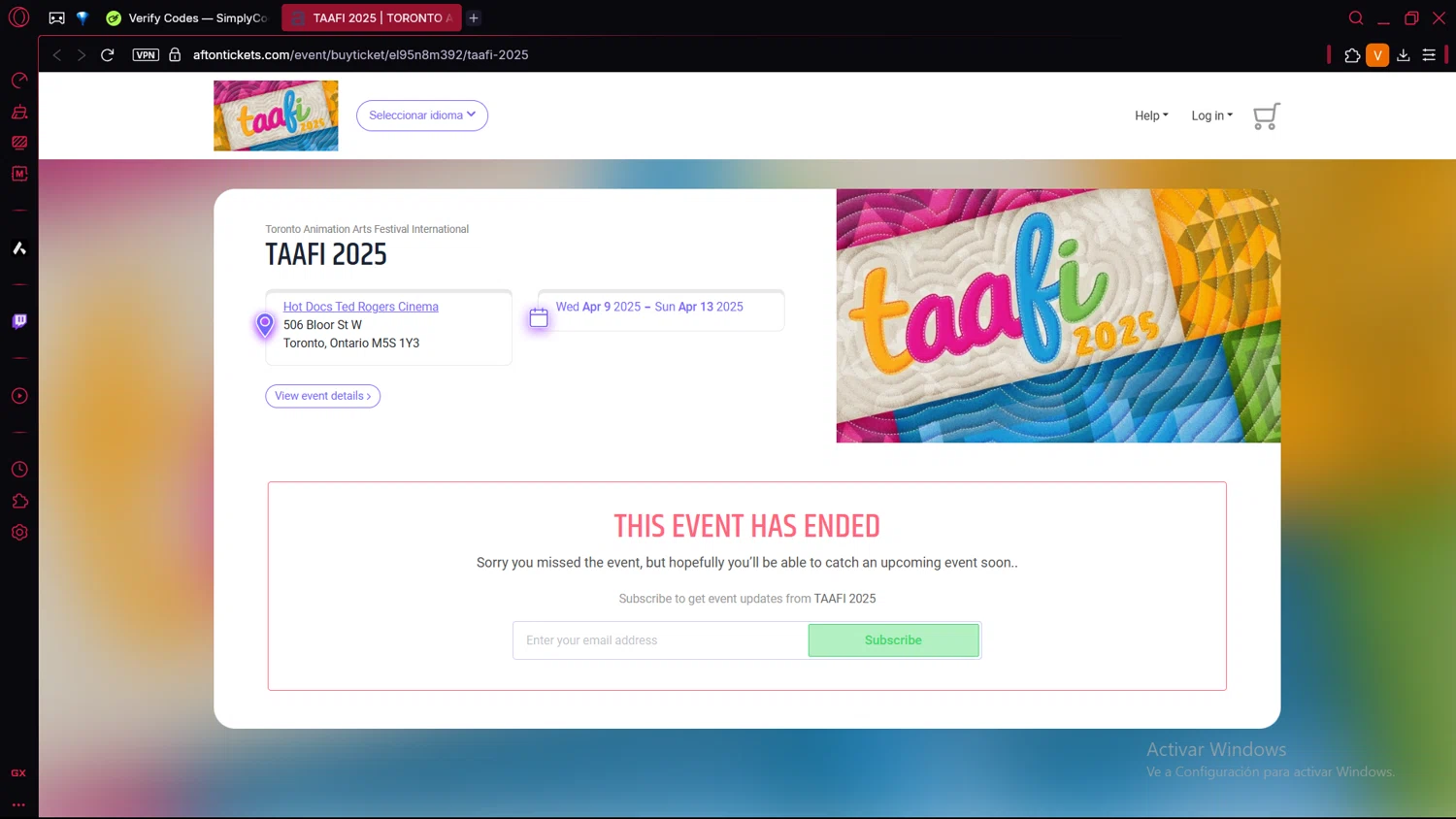 Afton Tickets promo code screenshot showing code TAAFI2025xTYS applied at Afton Tickets checkout page. Uploaded by SimplyCodes community member BrilliantLion4485 on Apr 27, 2025