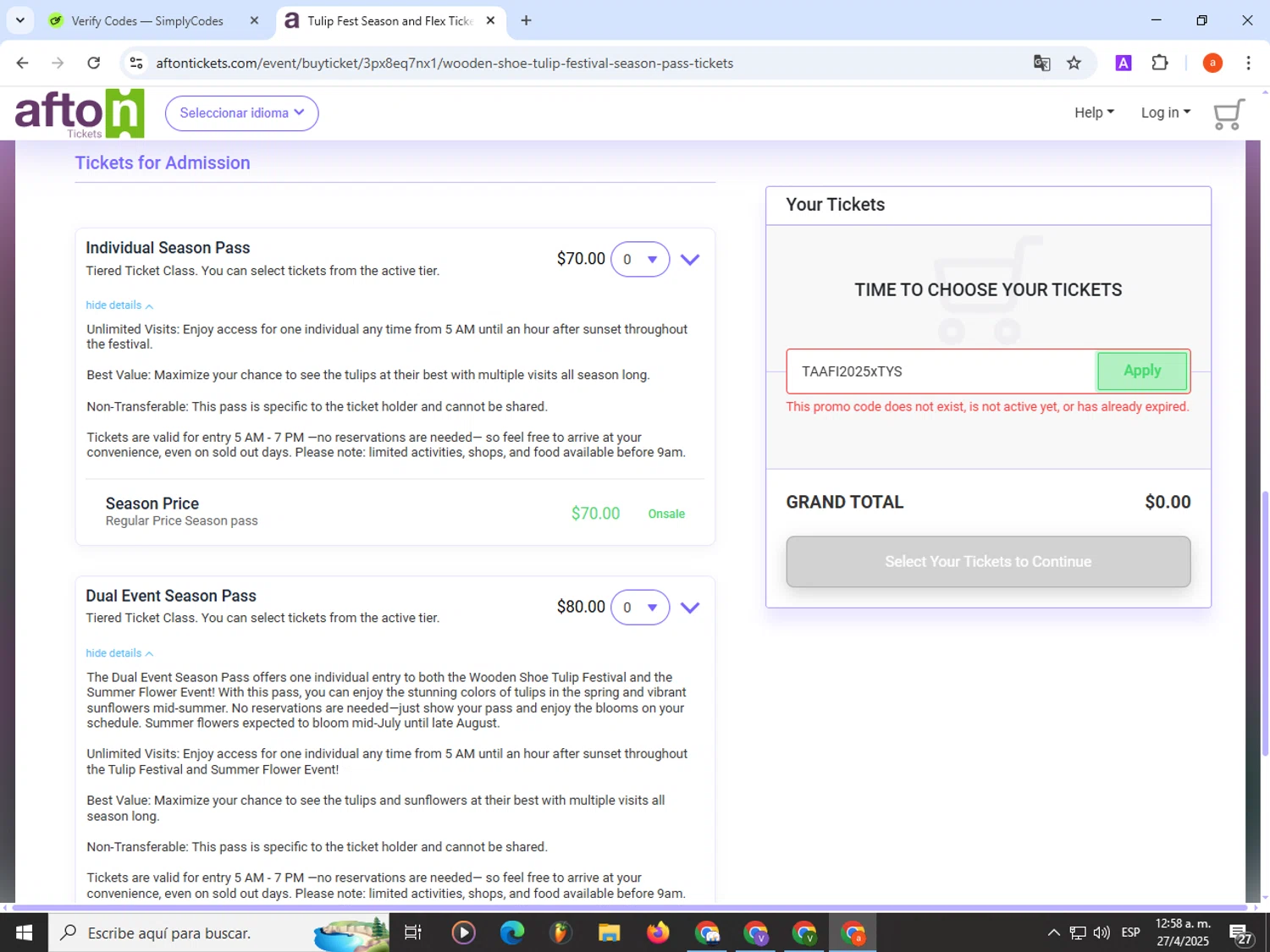 Afton Tickets promo code screenshot showing code TAAFI2025xTYS applied at Afton Tickets checkout page. Uploaded by SimplyCodes community member partenalgas on Apr 27, 2025