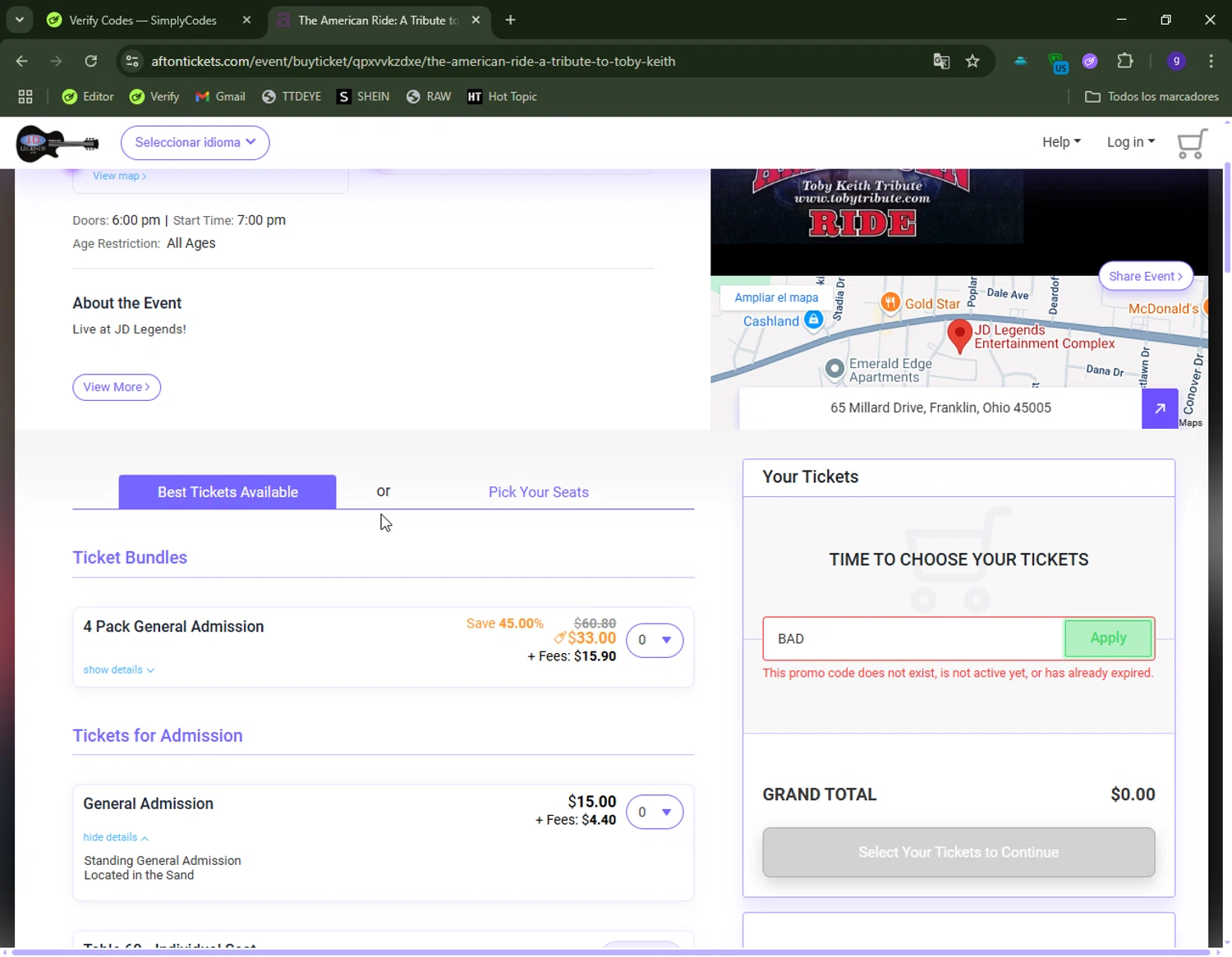 Afton Tickets promo code screenshot showing code BAD applied at Afton Tickets checkout page. Uploaded by SimplyCodes community member CapitanCentella on Jun 20, 2025