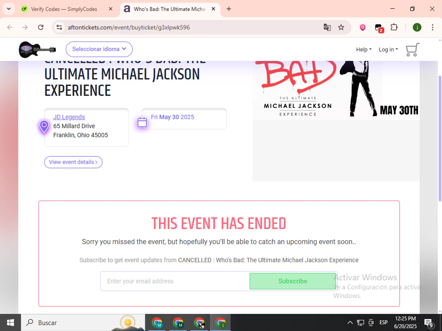 Afton Tickets promo code screenshot showing code BAD applied at Afton Tickets checkout page. Uploaded by SimplyCodes community member SavingsCollector2592 on Jun 20, 2025