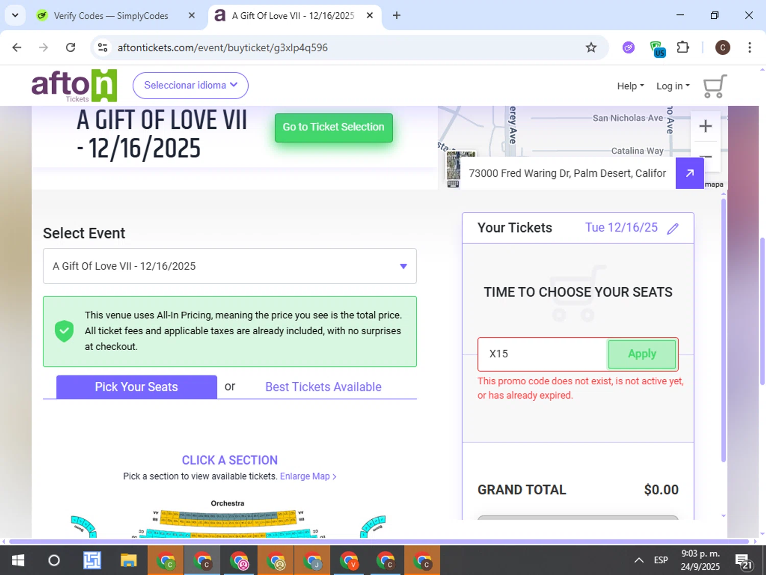 Afton Tickets promo code screenshot showing code X15 applied at Afton Tickets checkout page. Uploaded by SimplyCodes community member TreasureFox8596 on Sep 25, 2025