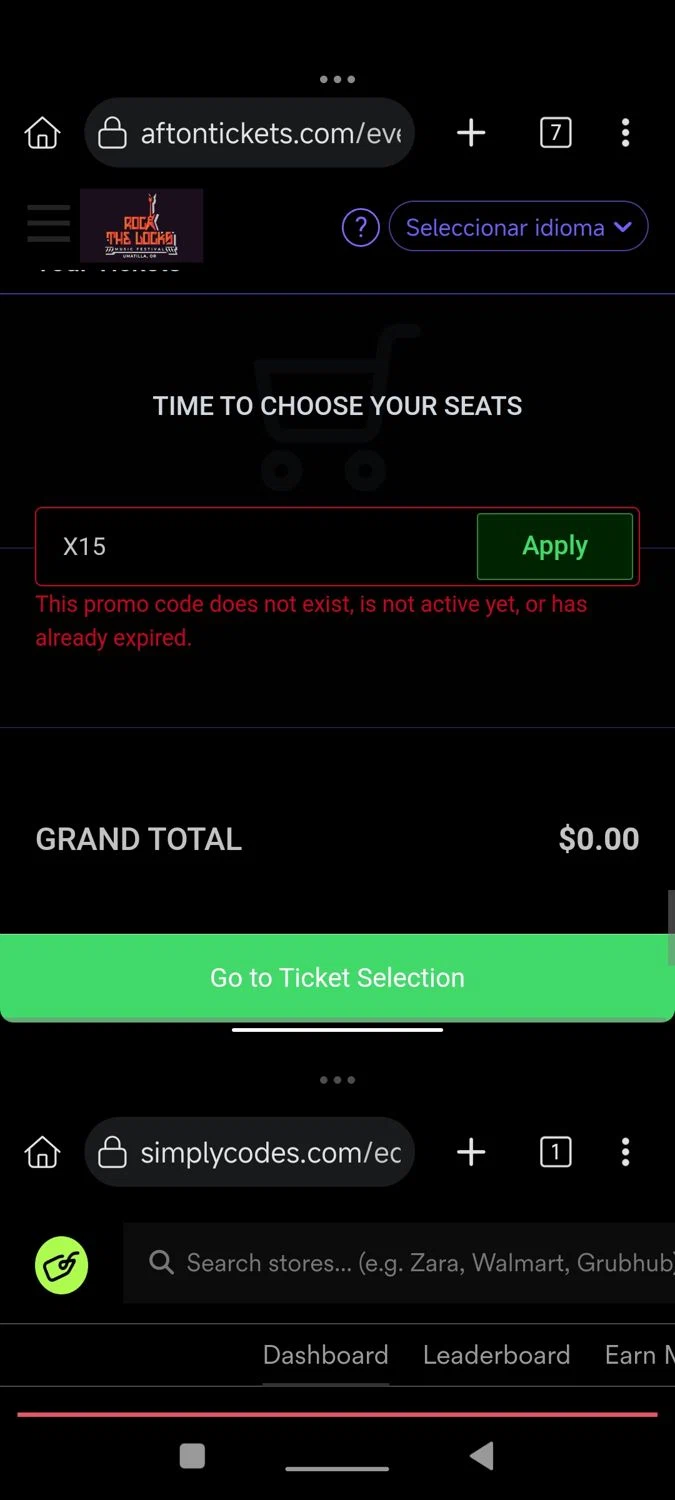 Afton Tickets promo code screenshot showing code X15 applied at Afton Tickets checkout page. Uploaded by SimplyCodes community member cuenta03 on Sep 25, 2025