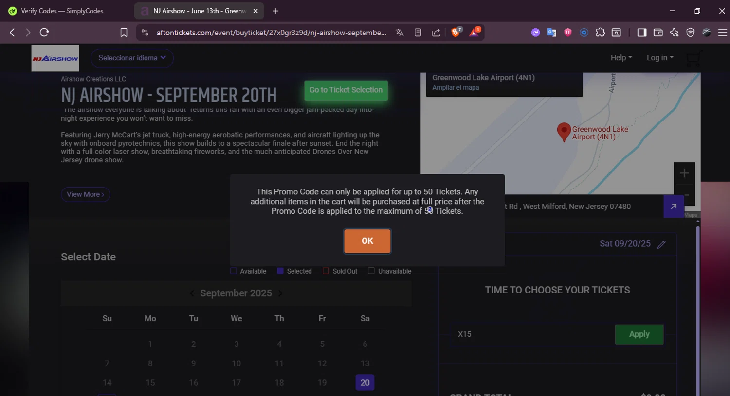 Afton Tickets checkout page showing Afton Tickets promo code box | Screenshot taken by SimplyCodes community member on Jul 22, 2025