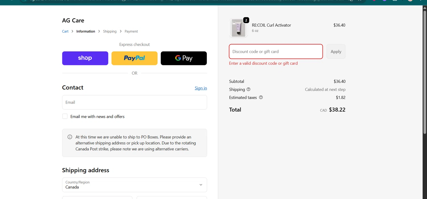 AG Care discount code screenshot showing code GUIDO20 applied at AG Care checkout page. Uploaded by SimplyCodes community member jenifer on Nov 14, 2025