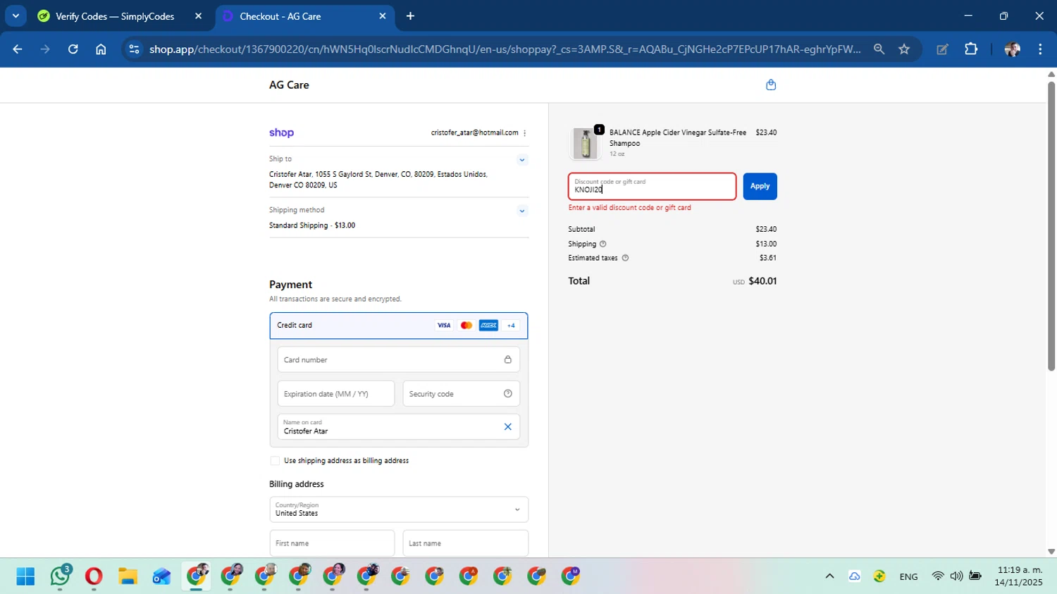AG Care discount code screenshot showing code KNOJI20 applied at AG Care checkout page. Uploaded by SimplyCodes community member DavidMGF on Nov 14, 2025