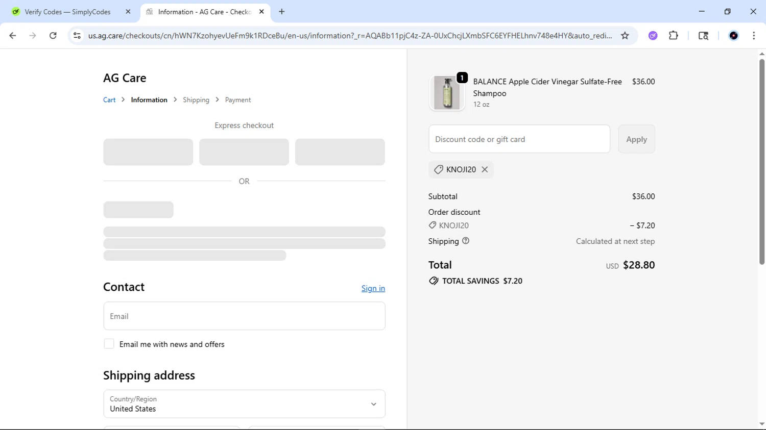 AG Care checkout page showing AG Care discount code box | Screenshot taken by SimplyCodes community member on Jan 7, 2026