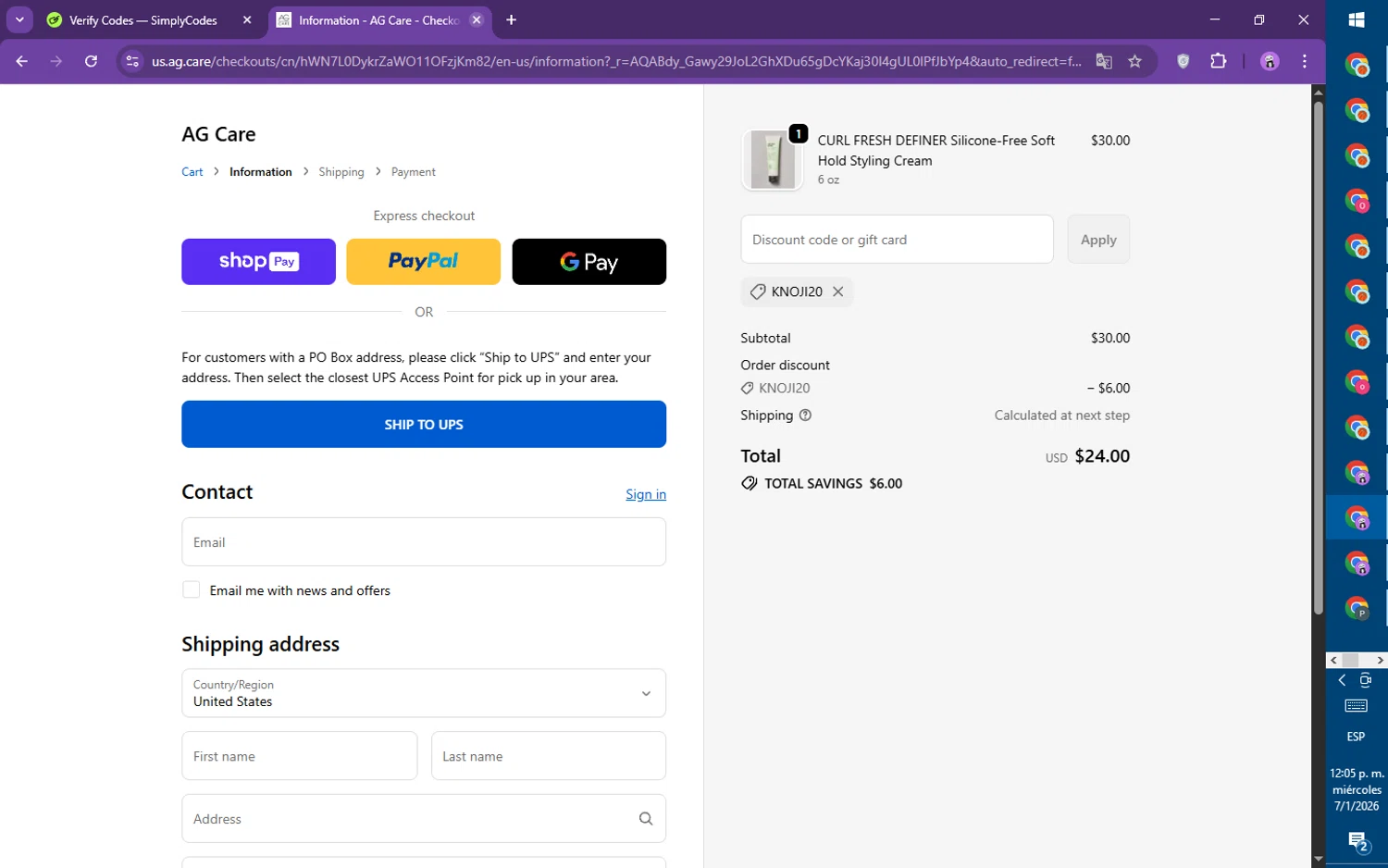 AG Care checkout page showing AG Care discount code box | Screenshot taken by SimplyCodes community member on Jan 7, 2026