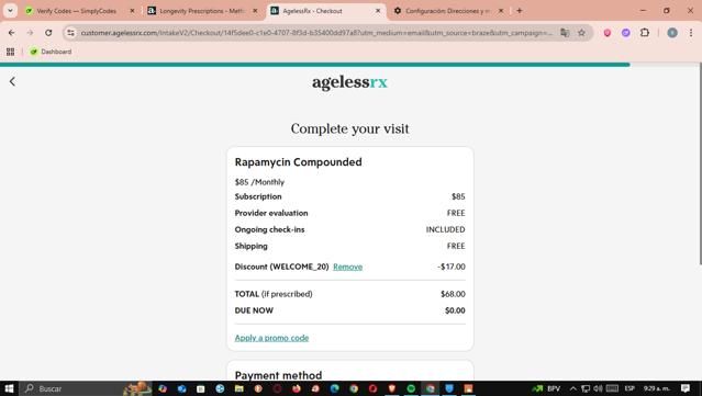 AgelessRx checkout page showing AgelessRx promo code box | Screenshot taken by SimplyCodes community member on Sep 10, 2025