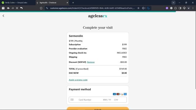 AgelessRx checkout page showing AgelessRx promo code box | Screenshot taken by SimplyCodes community member on Sep 10, 2025