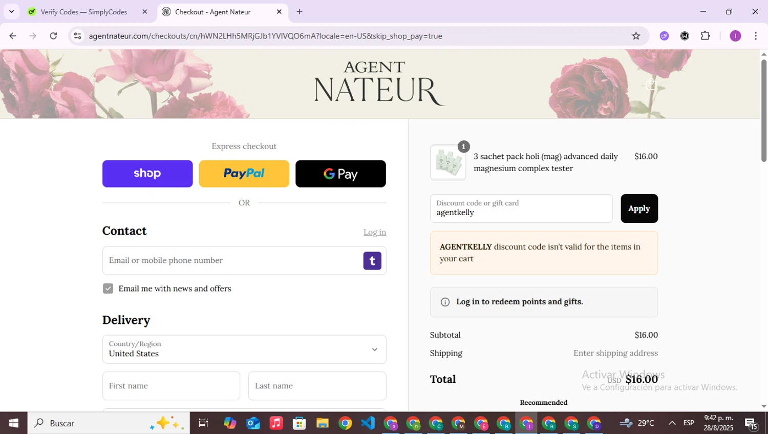 Agent Nateur discount code screenshot showing code agentkelly applied at Agent Nateur checkout page. Uploaded by SimplyCodes community member RebateAce6764 on Aug 29, 2025