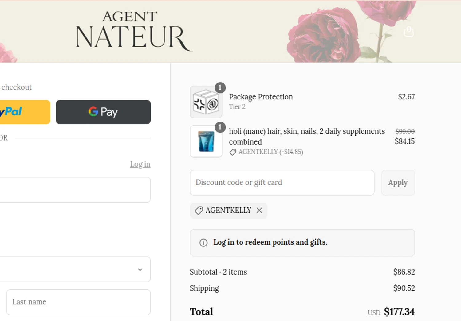 Agent Nateur discount code screenshot showing code agentkelly applied at Agent Nateur checkout page. Uploaded by SimplyCodes community member SnoopDogg on Mar 15, 2025