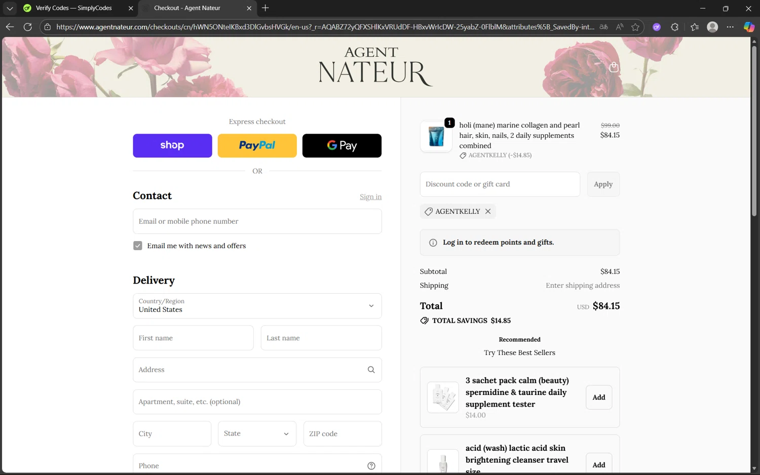 Agent Nateur discount code screenshot showing code agentkelly applied at Agent Nateur checkout page. Uploaded by SimplyCodes community member juanx1702 on Nov 17, 2025