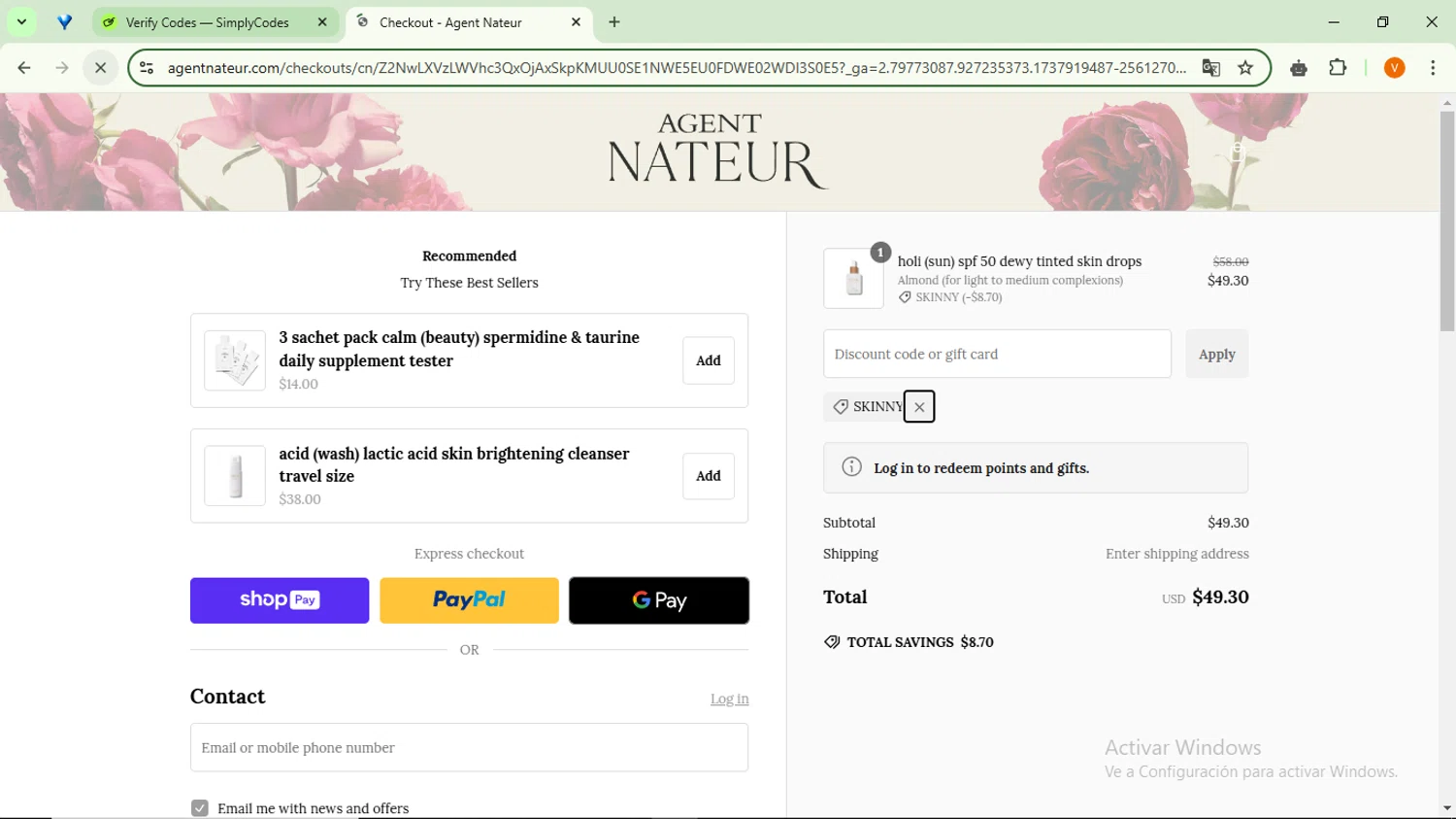 Agent Nateur discount code screenshot showing code SKINNY applied at Agent Nateur checkout page. Uploaded by SimplyCodes community member RebateSaver5991 on Jan 26, 2025