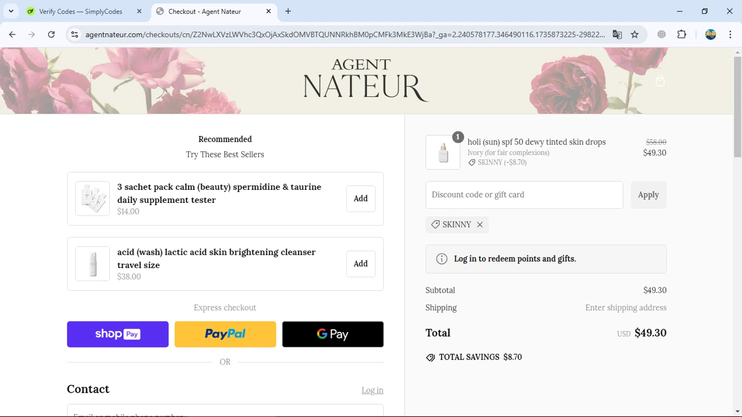 Agent Nateur discount code screenshot showing code SKINNY applied at Agent Nateur checkout page. Uploaded by SimplyCodes community member gleykerjose on Jan 3, 2025