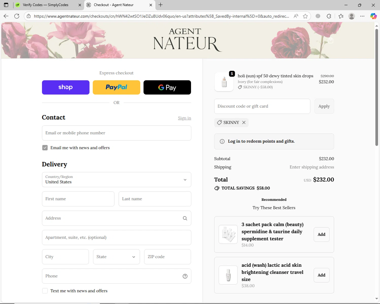 Agent Nateur discount code screenshot showing code SKINNY applied at Agent Nateur checkout page. Uploaded by SimplyCodes community member jechtff10 on Oct 12, 2025
