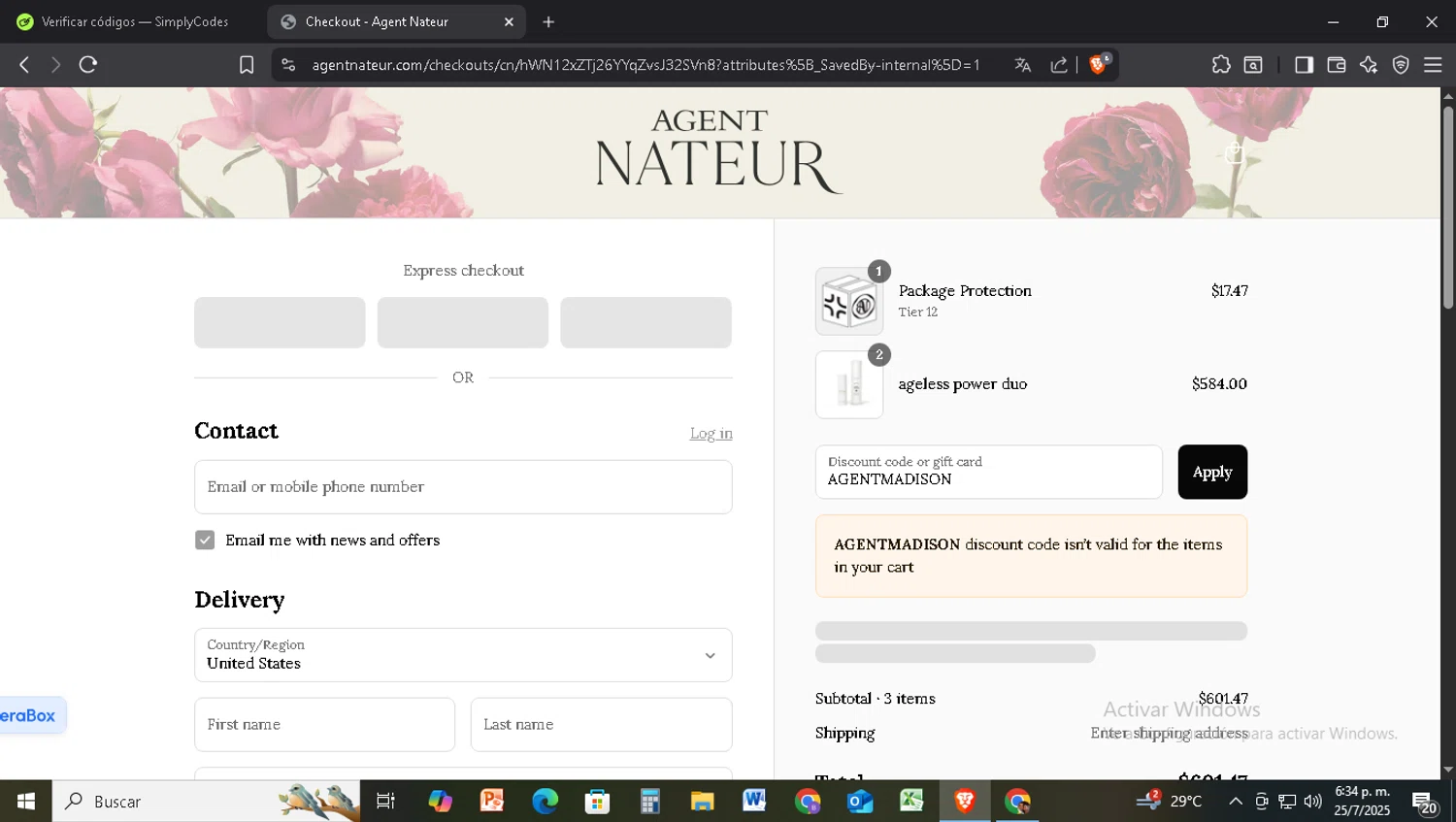 Agent Nateur discount code screenshot showing code AGENTMADISON applied at Agent Nateur checkout page. Uploaded by SimplyCodes community member CrownLegend5803 on Jul 25, 2025