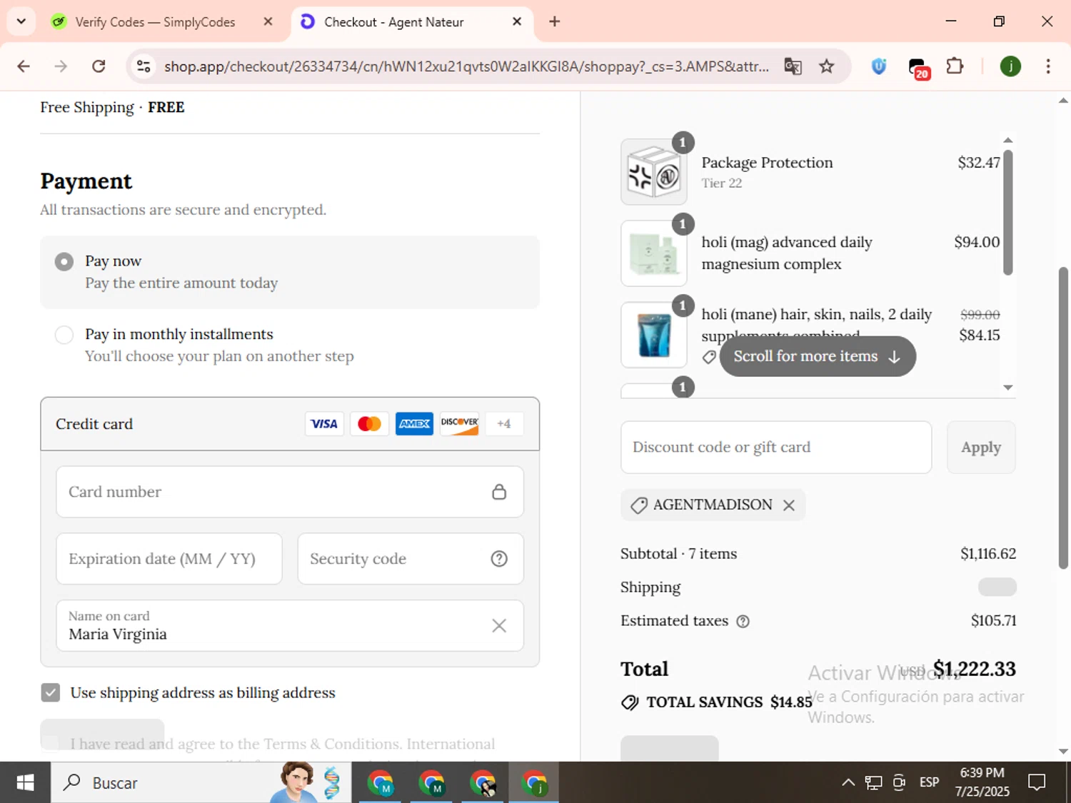 Agent Nateur discount code screenshot showing code AGENTMADISON applied at Agent Nateur checkout page. Uploaded by SimplyCodes community member SavingsCollector2592 on Jul 25, 2025
