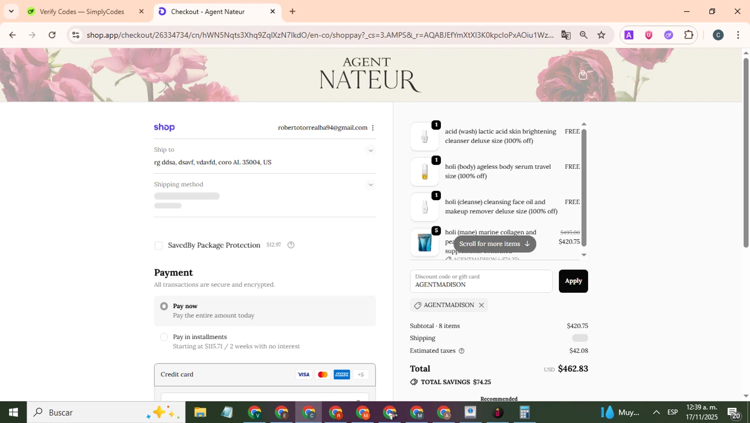 Agent Nateur discount code screenshot showing code AGENTMADISON applied at Agent Nateur checkout page. Uploaded by SimplyCodes community member benjamnlev on Nov 17, 2025