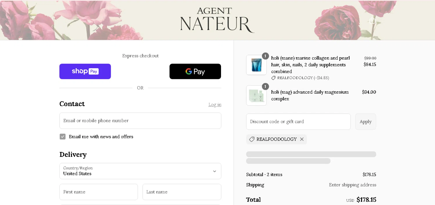 Agent Nateur discount code screenshot showing code Realfoodology applied at Agent Nateur checkout page. Uploaded by SimplyCodes community member CashAce9852 on Aug 20, 2025